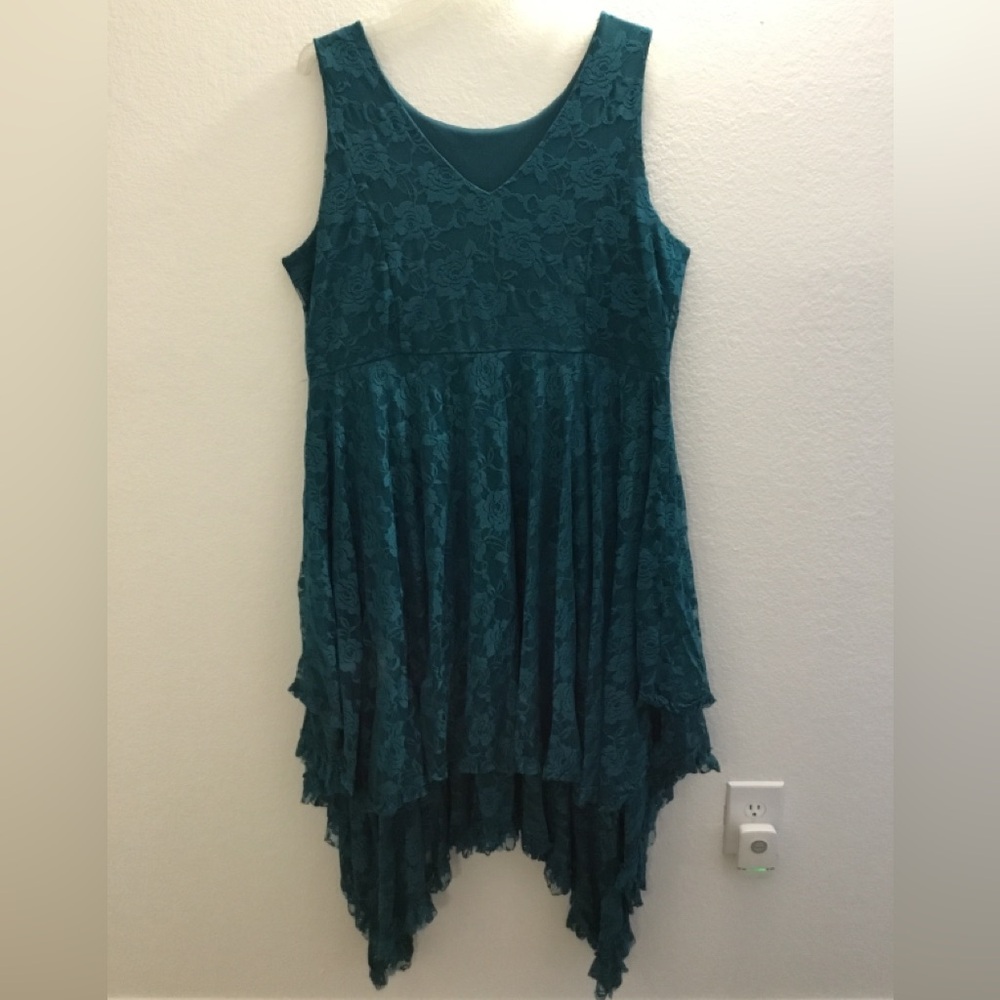 Vintage Y2K 2000s Seventh Avenue Dark Teal Lace Asymmetrical Handkerchief Dress